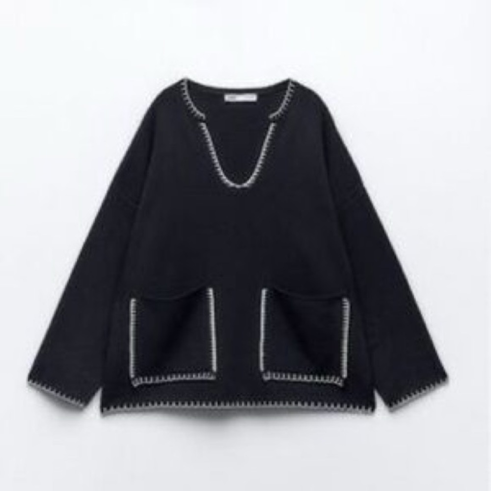 ZARA Woven Heavy Sweater Navy Knit Top w White Stitching Front Pockets V-neck - Picture 3 of 15